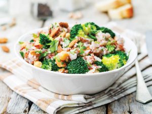 Broccoli chickpea bowl topped with almonds