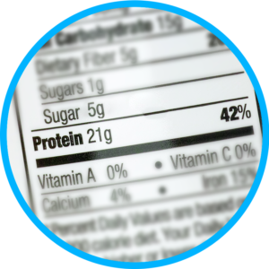 Selective focus closeup of the protein line of a nutritional label from the United States.